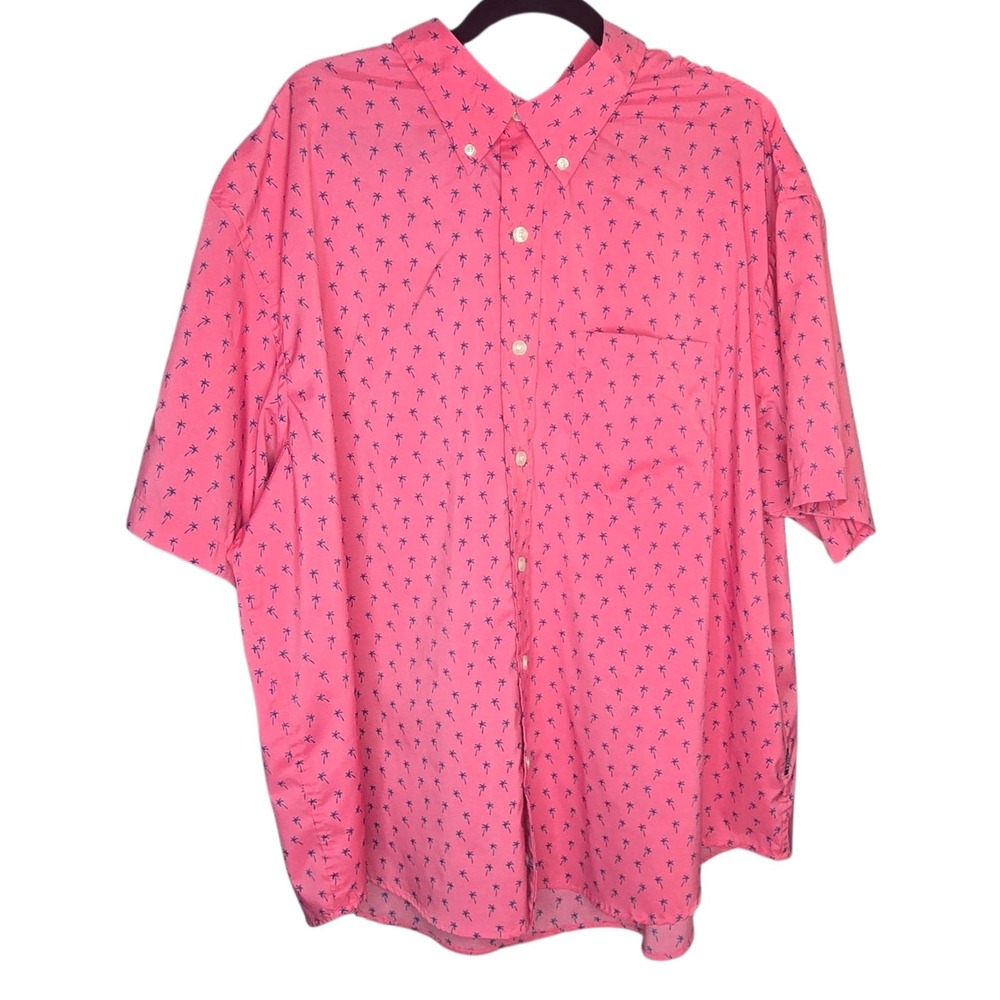 IZOD Button Down Short Sleeve Palm Tree Print Shirt Pink Casual Mens 2XL